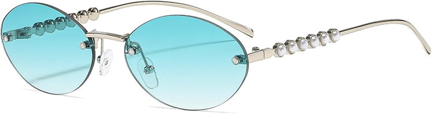 

Willochra Модные жемчужные солнцезащитные очки без оправы для женщин, ретро, ​​маленькие овальные солнцезащитные очки с металлической оправой, защита от УФ-излучения UV400, для пляжа и путешествий, C8