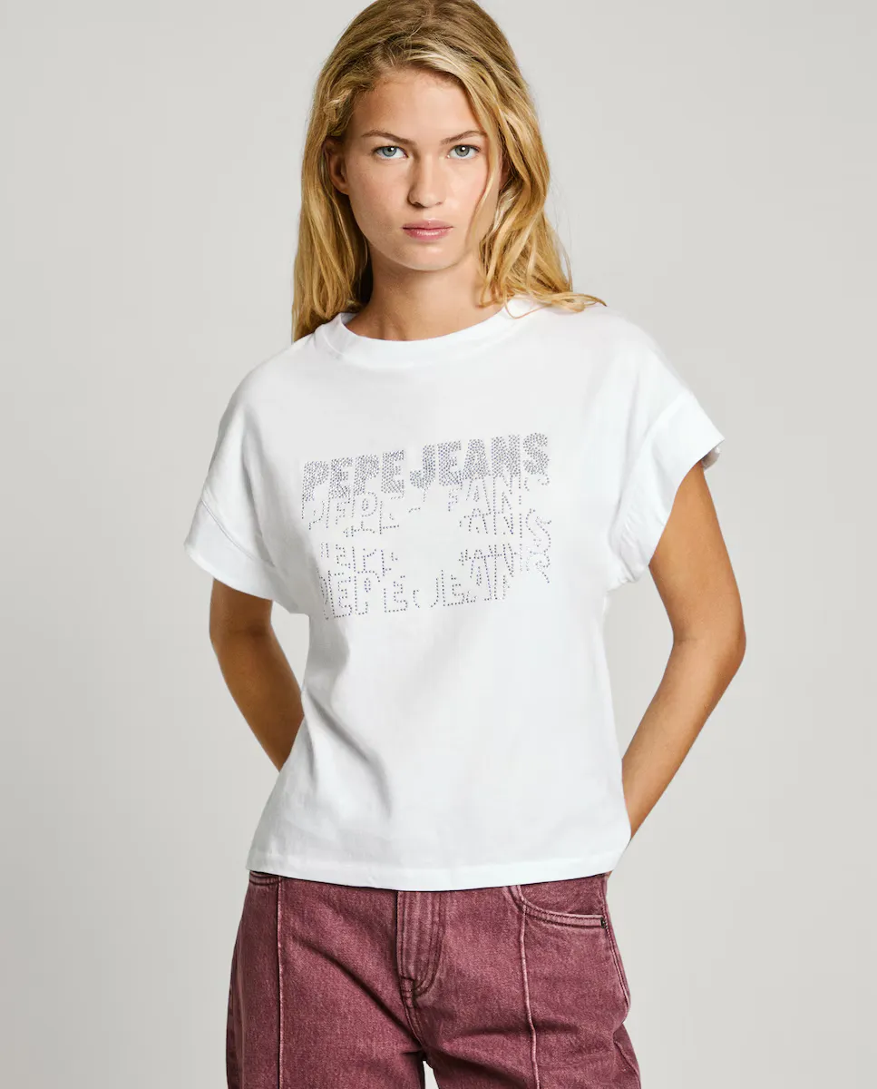 

Женская футболка с коротким рукавом и логотипом из стразов Pepe Jeans, белый