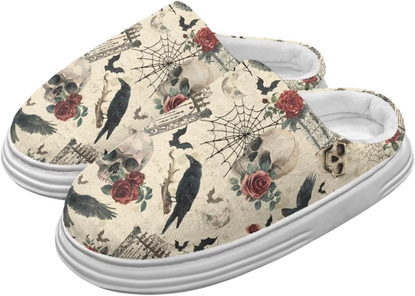 

Милые пушистые домашние тапочки для женщин и мужчин, мягкие плюшевые теплые праздничные тапочки, зимние уютные тапочки для спальни, размеры США 4-10 Chririnla, Crow Skull