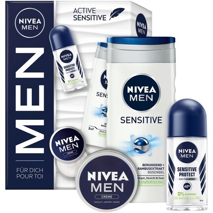 

Подарочный набор NIVEA MEN Active Sensitive с увлажняющими средствами по уходу — включает гель для душа Sensitive, шариковый дезодорант-антиперспирант Sensitive Protect и крем NIVEA MEN