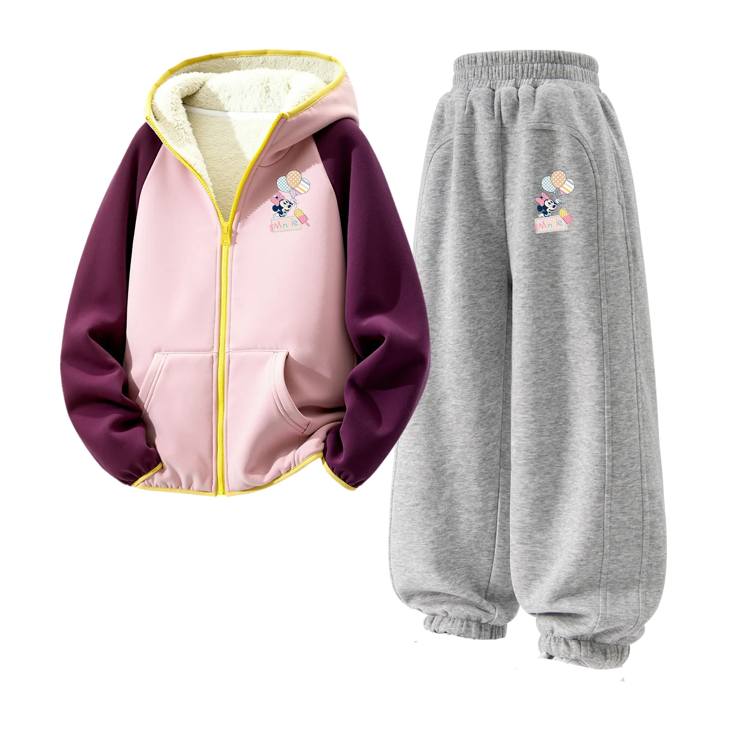 Детский спортивный костюм с круглым вырезом Disney, [Thickened and Fleece-Lined]Di Balloons K Dark Pink+Di Balloons K Light Heather Gray