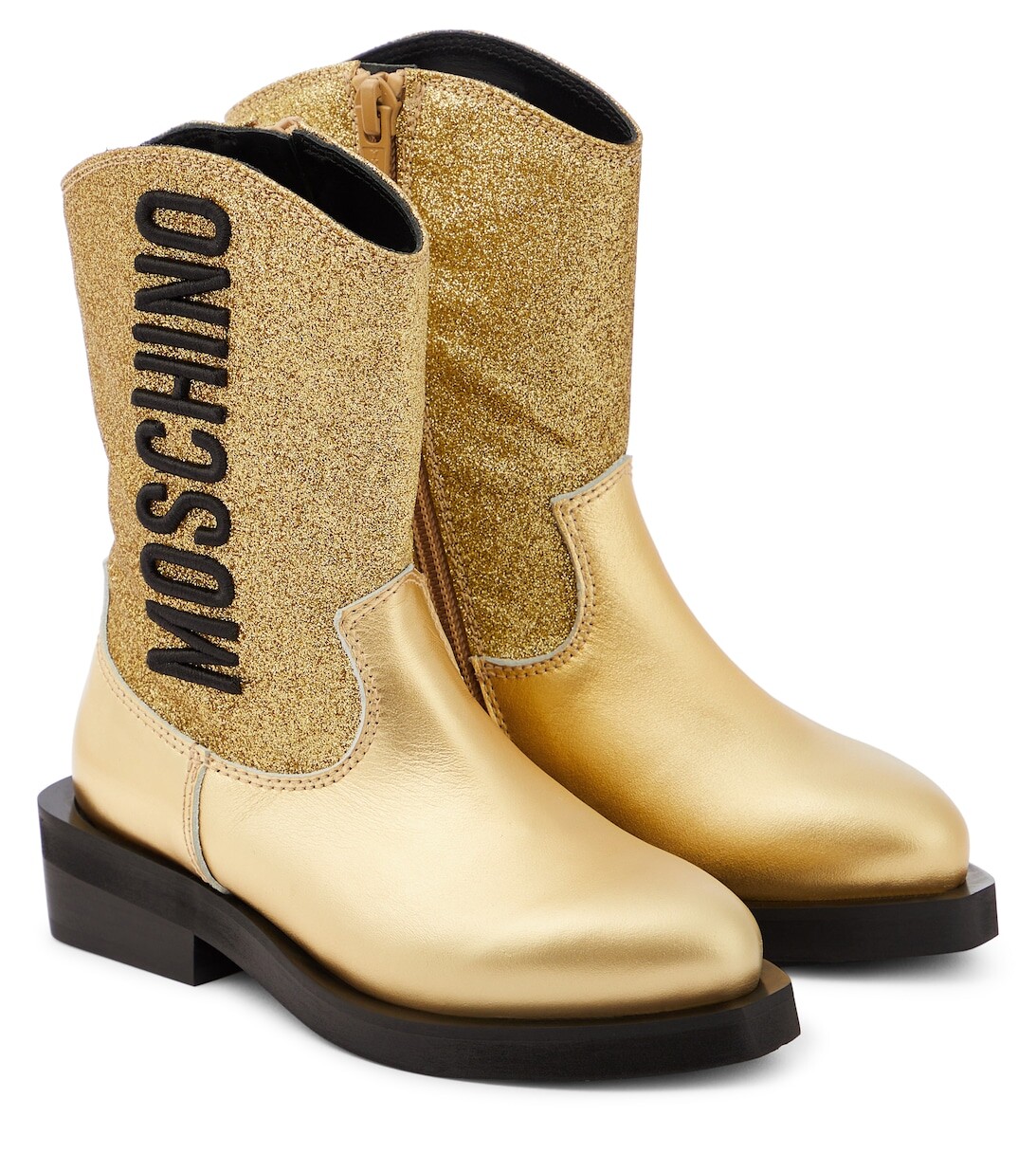 

Ковбойские сапоги из кожи с блестками и логотипом Moschino, золотой