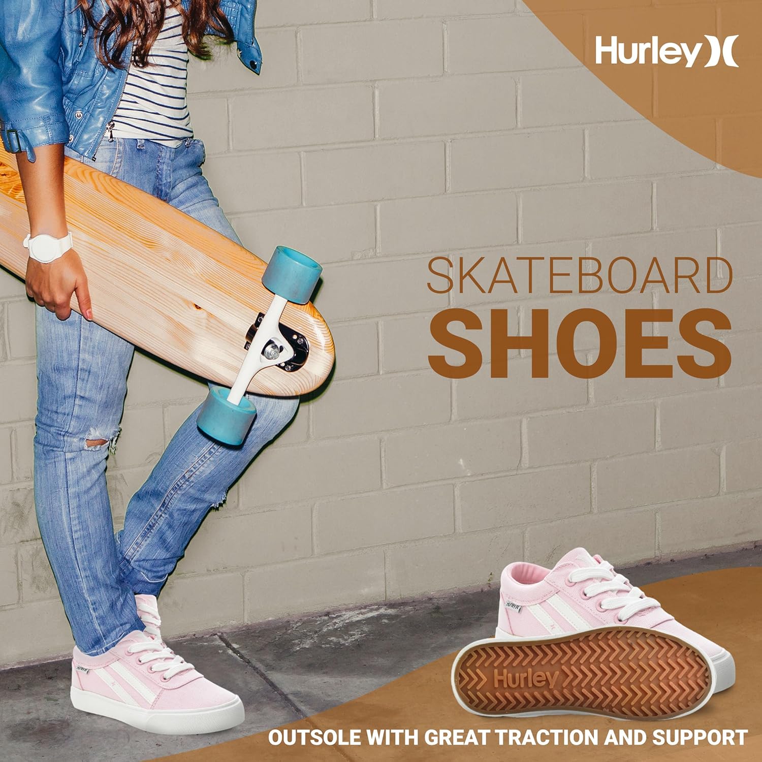 Кеды Hurley Boardy Kids с шнуровкой - низкие кроссовки для скейтборда для детей, спортивная обувь для мальчиков и девочек, белый/розовый — фото 4