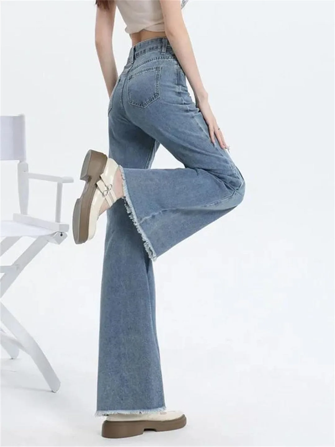 Женские джинсы в стиле Korean Fashion скинни-флейр, повседневные, с высокой посадкой, винтажные, широкие Generic, синий — фото 3