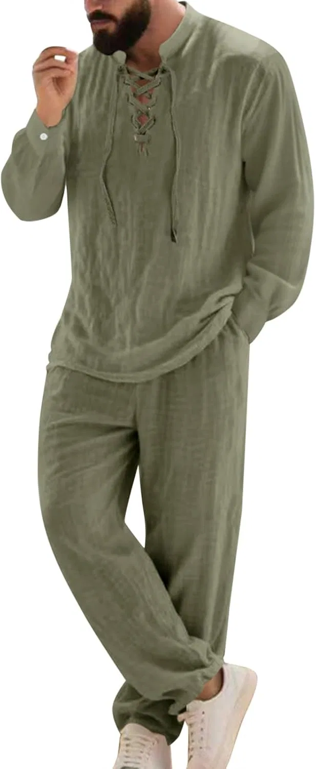 Мужской спортивный костюм из льна, рубашка и брюки, Army Green