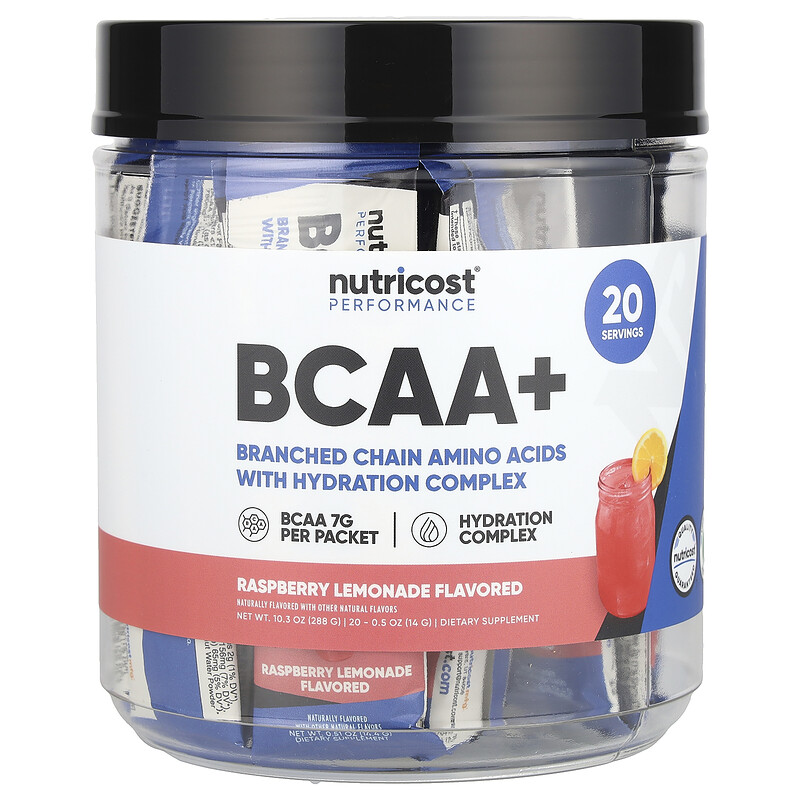 

Nutricost, Performance, BCAA +, малиновый лимонад, 20 пакетиков по 14 г (0,5 унции)
