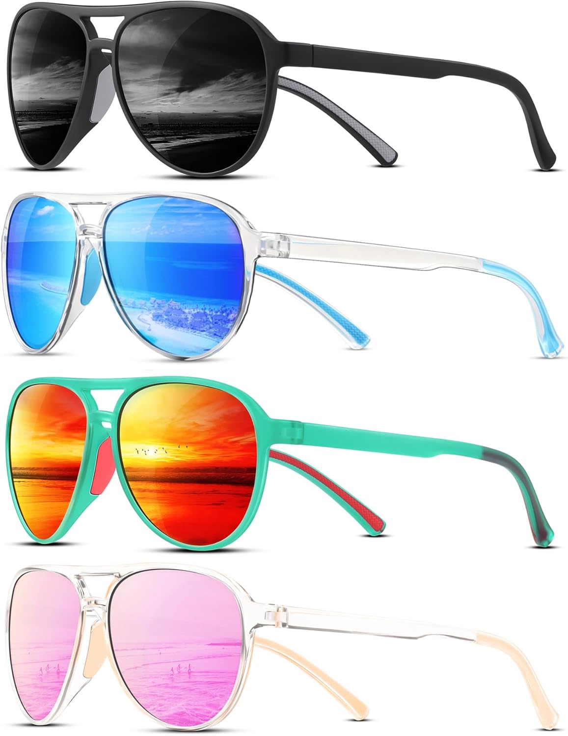 

KUGUAOK 4PACK Поляризованные солнцезащитные очки-авиаторы для женщин и мужчин, спортивный стиль, защита UV400, очки для бега, винтажные модные очки - AA112, 4pcs-black+clear Blue+green Red+pink