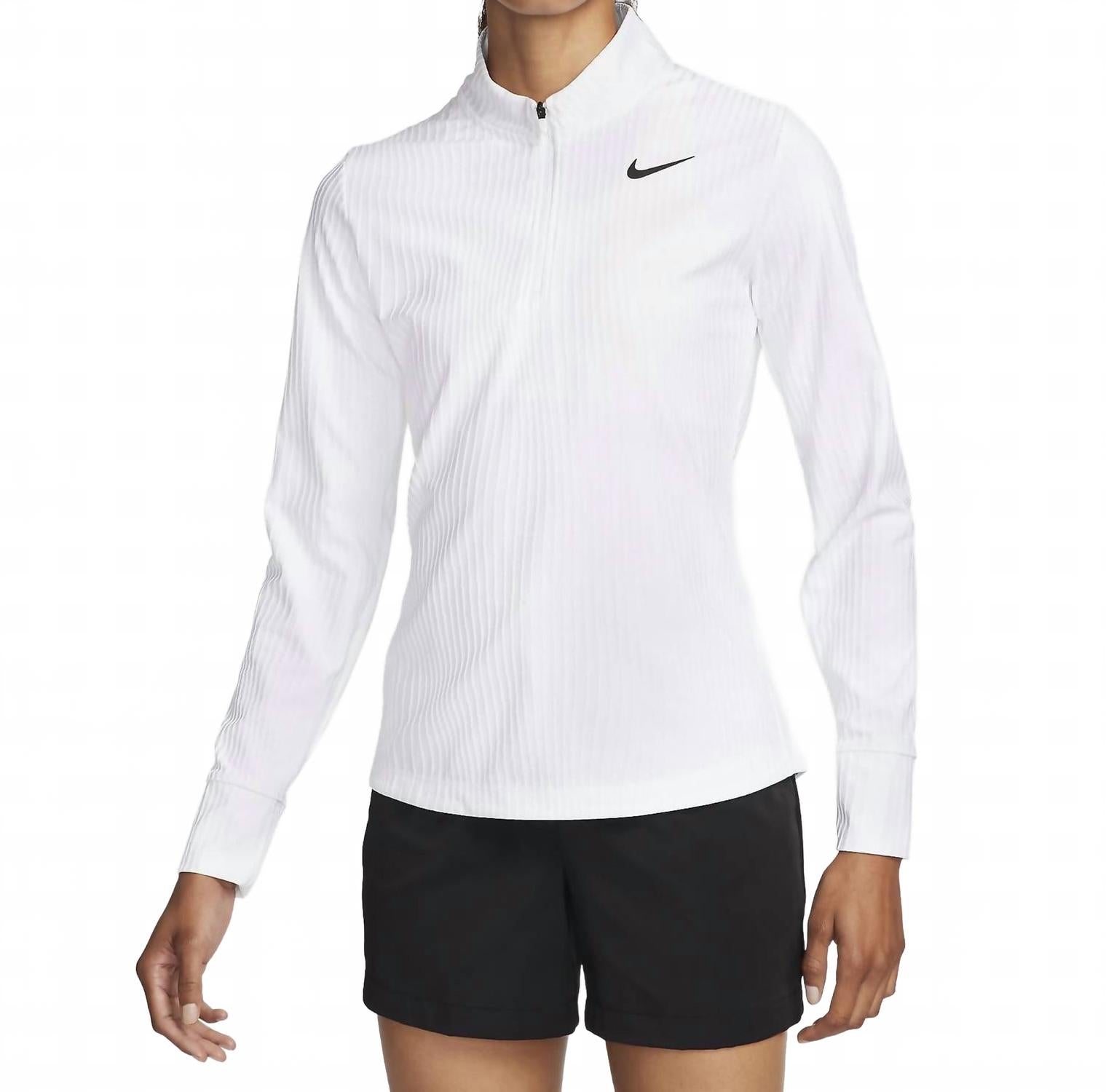 

Женская туристическая футболка Dri Fit Adv 1/4 Zip для гольфа в белом цвете Nike