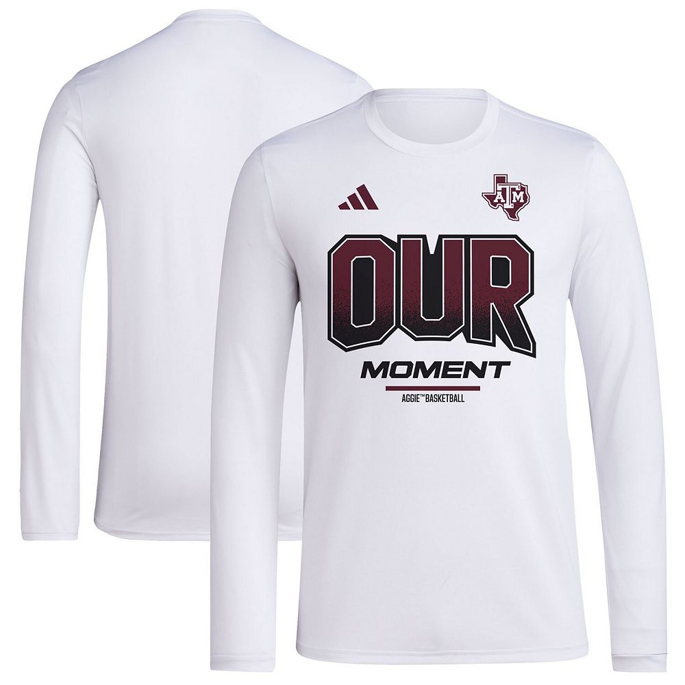 

Белая футболка унисекс Adidas A&M Aggies 2024 On-Court Bench Our Moment с длинным рукавом, цвет Tam White