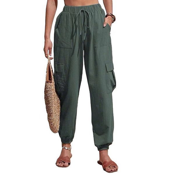 

Женские льняные карго-штаны с манжетами на щиколотках, миди-талия, карманы Clearflower, Dark Green