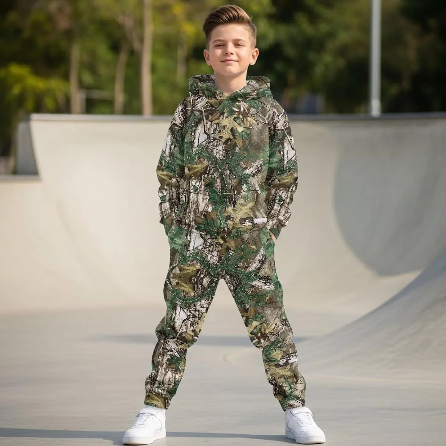Детский спортивный костюм с капюшоном doginthehole, 2 предмета, Green Hunting Camo — фото 4