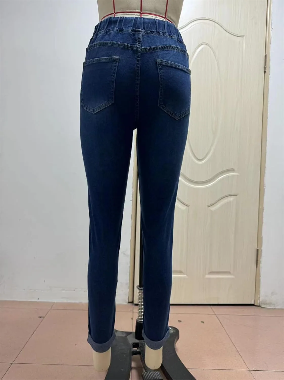 Женские джинсы скинни с завязками темно-синие эластичные slim fit — фото 3