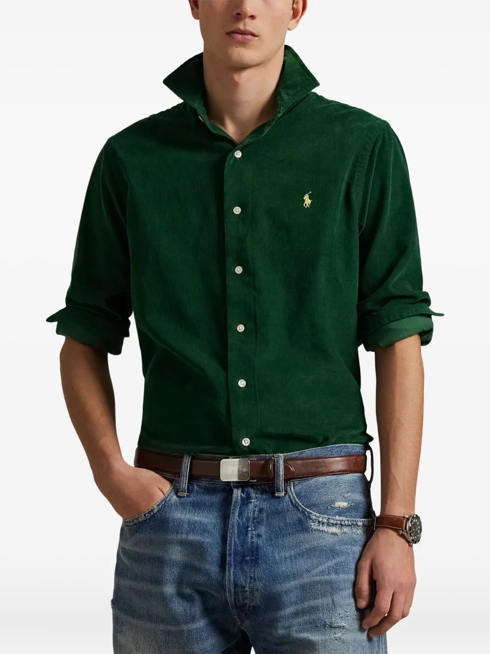 Вельветовая рубашка с вышитым логотипом POLO RALPH LAUREN, зеленый — фото 3
