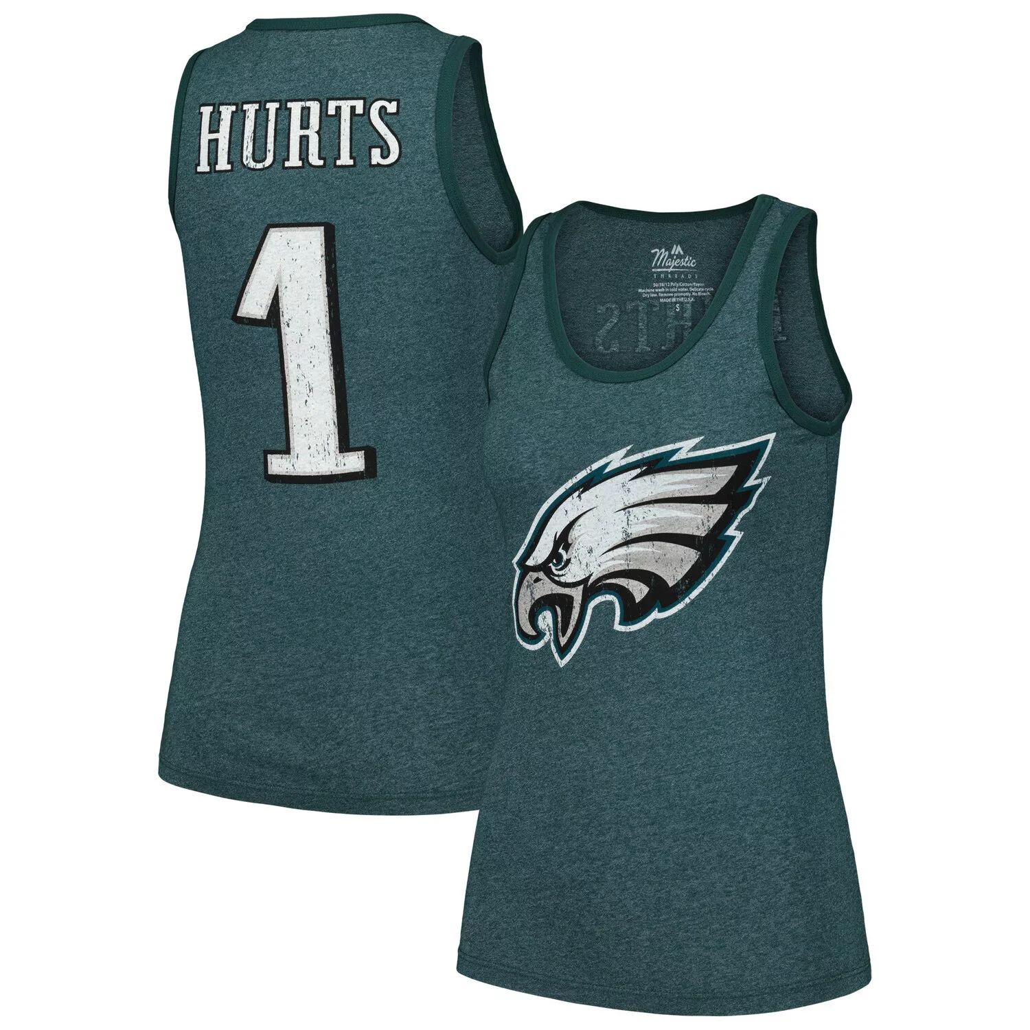 

Женская майка Majestic Threads Jalen Hurts Midnight Green Philadelphia Eagles, имя и номер игрока, футболка Tri-Blend Majestic