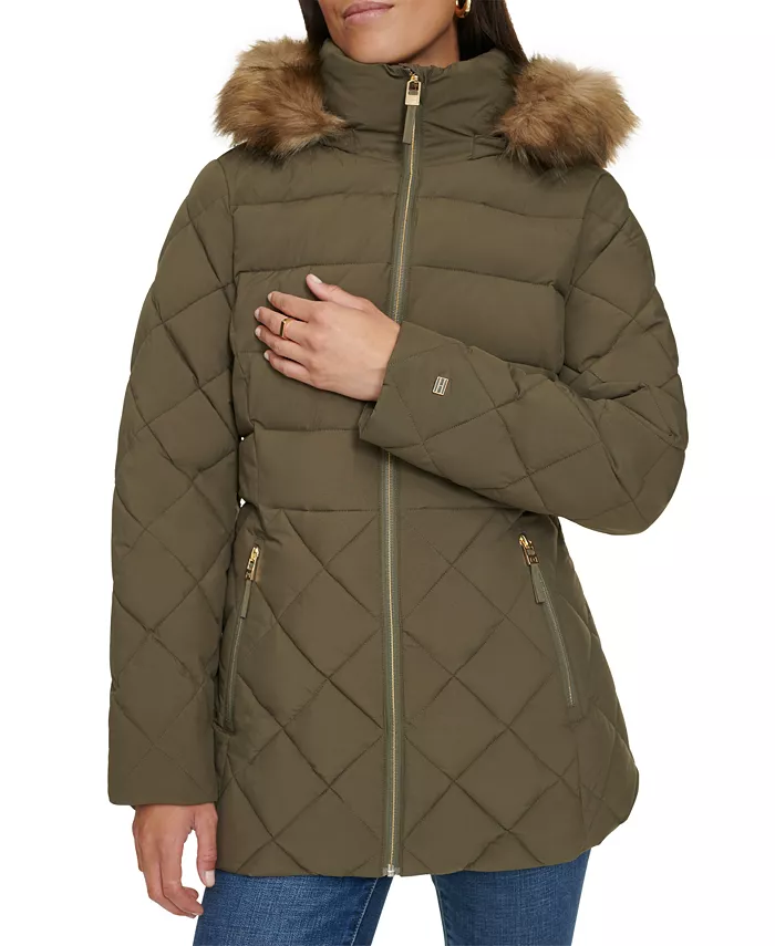 

Женская утепленная куртка с капюшоном на лямках и отделкой из искусственного меха Tommy Hilfiger, зеленый