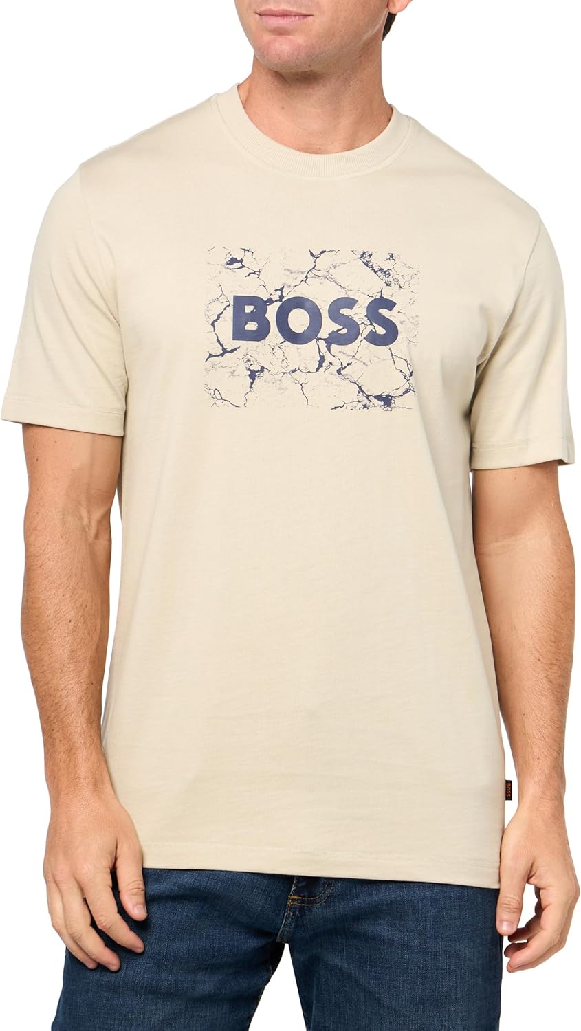 

Мужская хлопковая футболка с большим логотипом и цепочкой BOSS, Peyote Beige