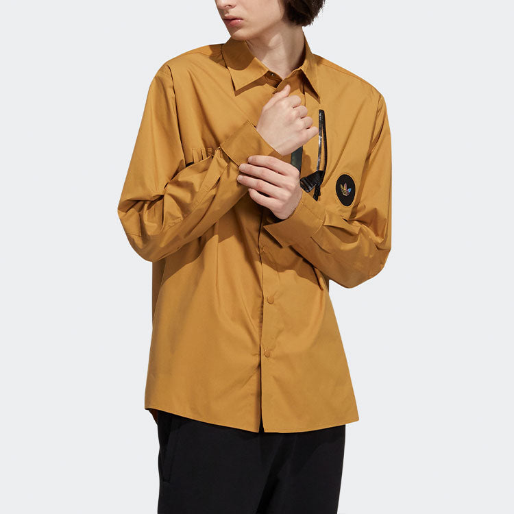 Рубашка Men's adidas originals Prem Wvn Lshirt Lapel Chest Long Sleeves Wheat Brown Shirt — фото 2
