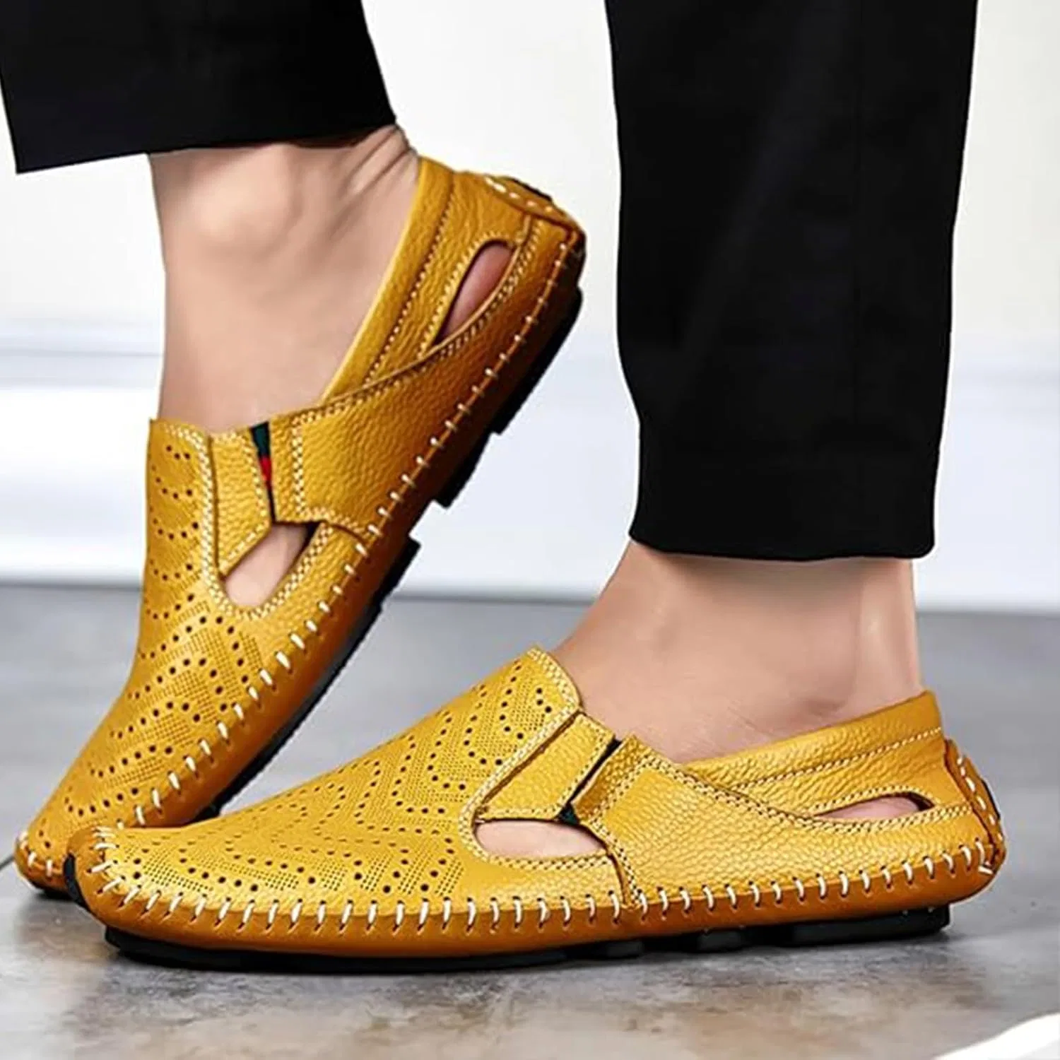Мокасины кожаные Men's Leather Driving Loafers Breathable Casual Shoes, Желтый a Xinduoyu — фото 4
