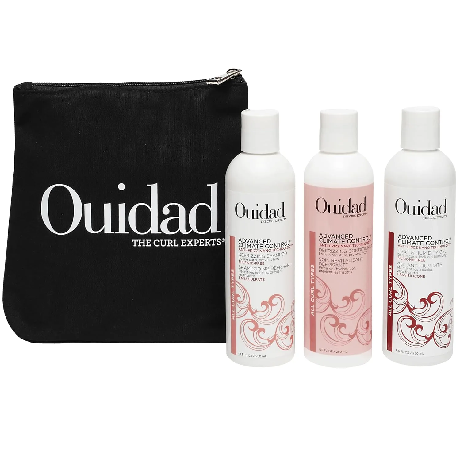 Набор для ухода за кудрями Ouidad Frizz-Free Wash Day, шампунь, кондиционер и гель Anti-Frizz Advanced Climate Control, 3 предмета с сумкой