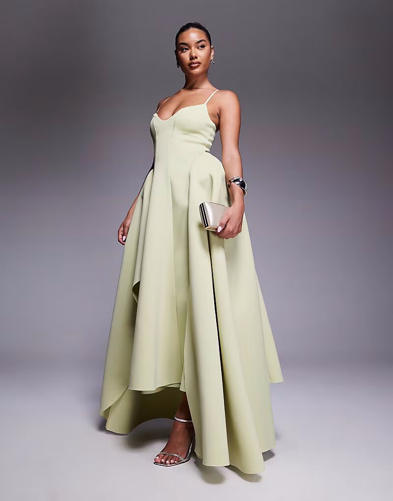 

Платье макси премиум-класса с пышной асимметричной юбкой из ткани в стиле «скуба» фисташкового цвета Asos Design