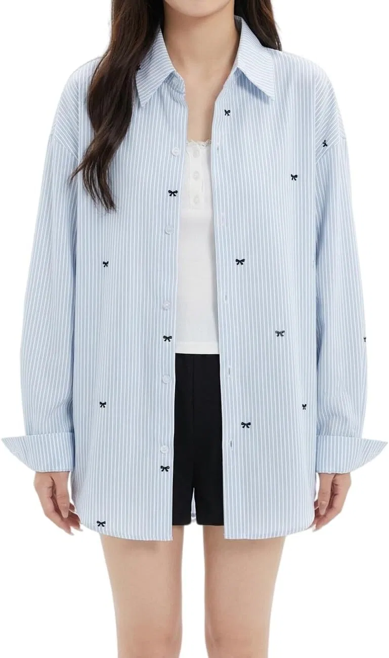 Блуза, полосатая, Oversize, синий