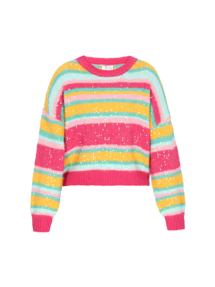 

Женский свитер розового цвета с разноцветными вставками IZIA