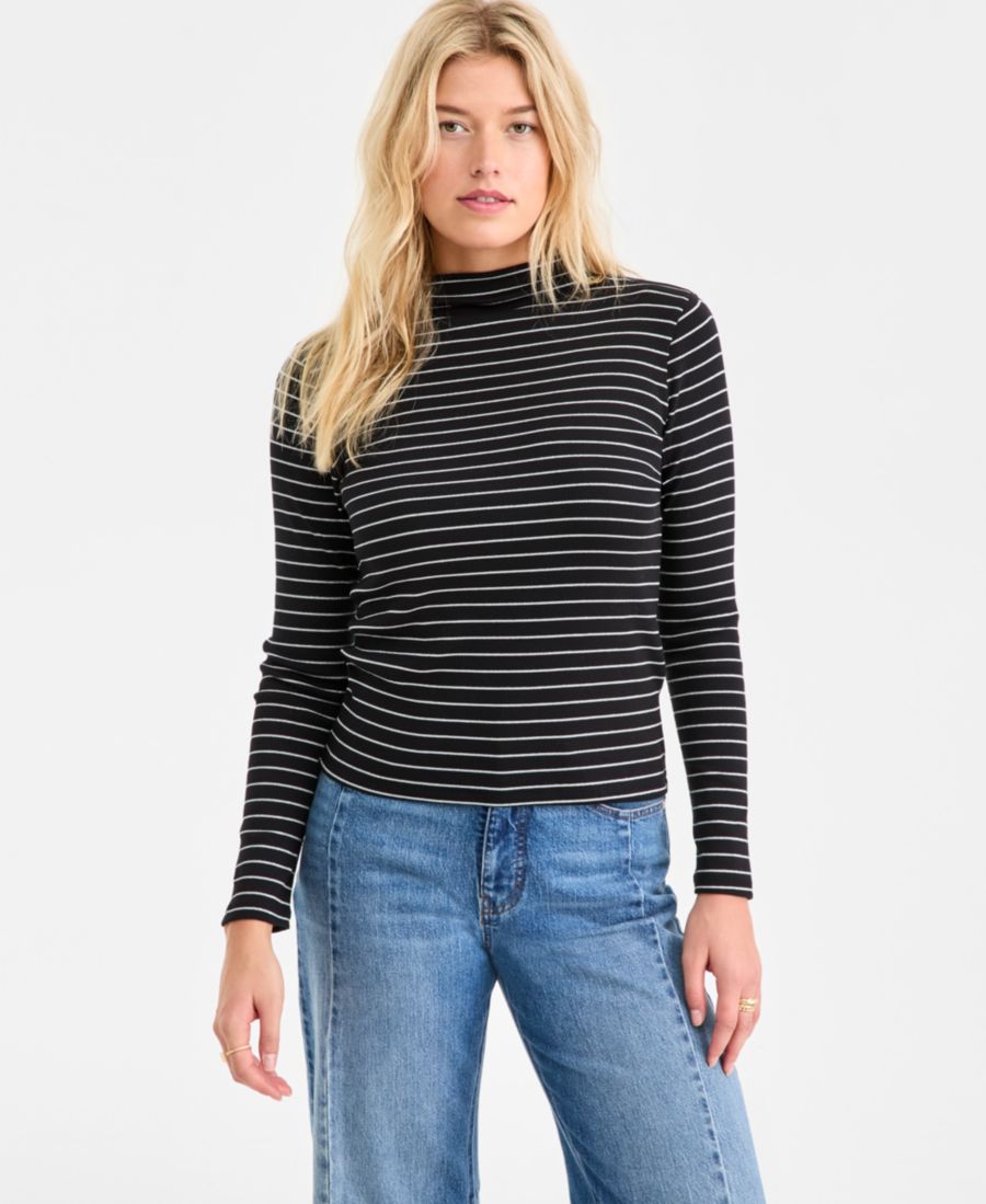 

Женская вязаная блузка с длинными рукавами, воротником-стойкой и люрексовой полоской, эксклюзивно для Macy's On 34th, Deep Black Silver Combo