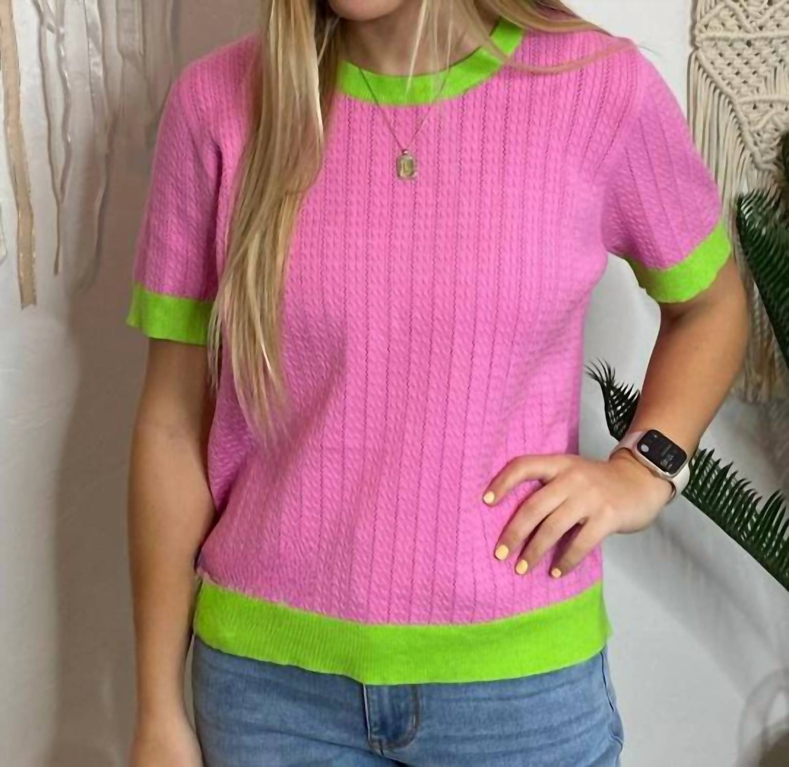 

Pickleball Vibes Ringer Топ в розовом и лаймовом цветах Jodifl
