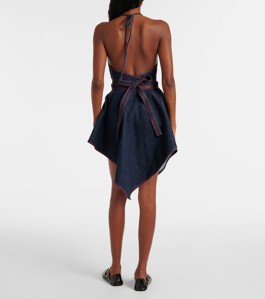 Джинсовый топ-коротышка с бретелькой на шее Alaïa, Bleu Denim — фото 3