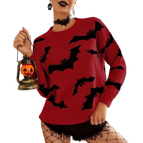 

Женский свитер с узором летучей мыши на Хэллоуин, длинный рукав, круглый вырез, свободный крой Yesfashion, Red Bat