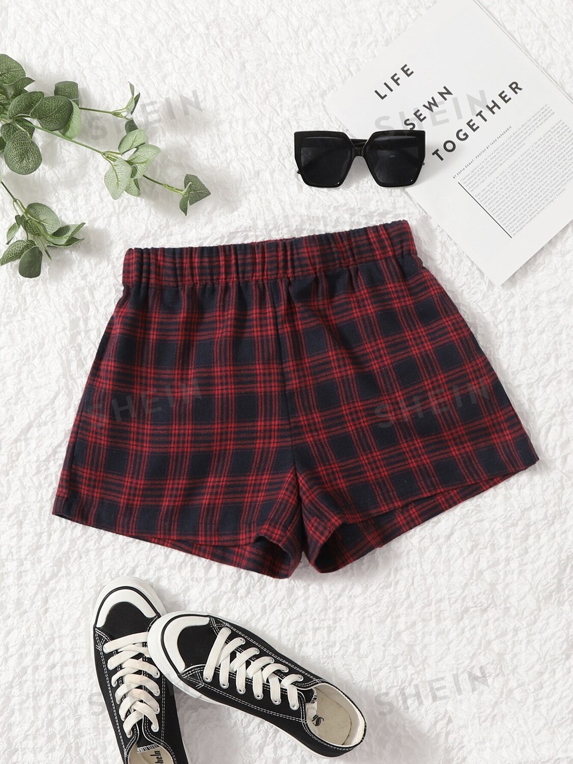 

Шорты широкие Shein Ezwear в клетку, красный