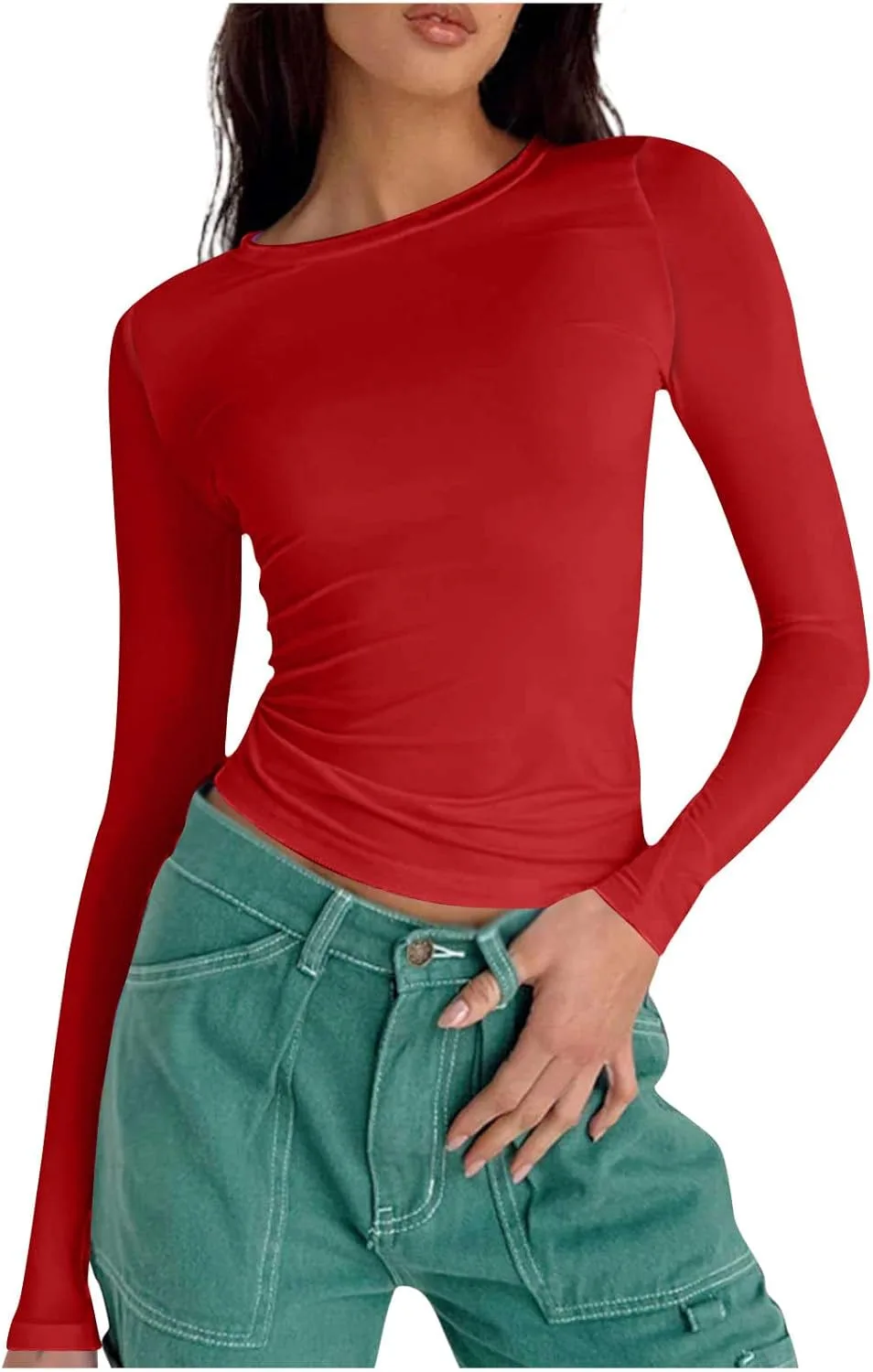 

Женская летняя блузка с длинным рукавом и круглым вырезом