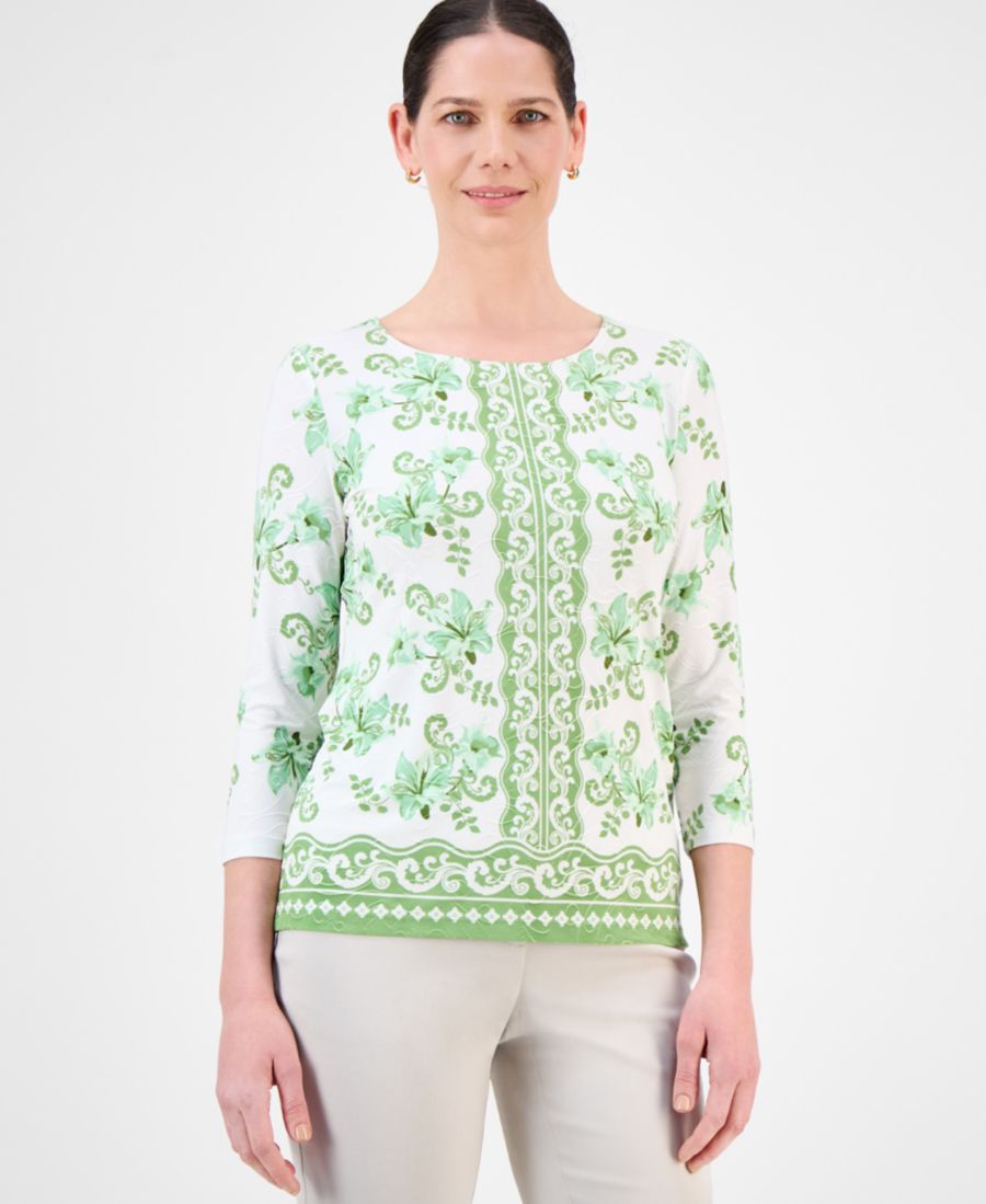 

Женская жаккардовая блузка с рукавами 3/4 и круглым вырезом JM Collection, Green Flower Combo