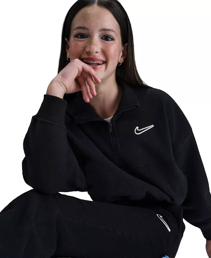 Спортивная кофта с молнией на четверть для девочек Big Girls' Quarter Zip Fleece Top Nike, черный — фото 2