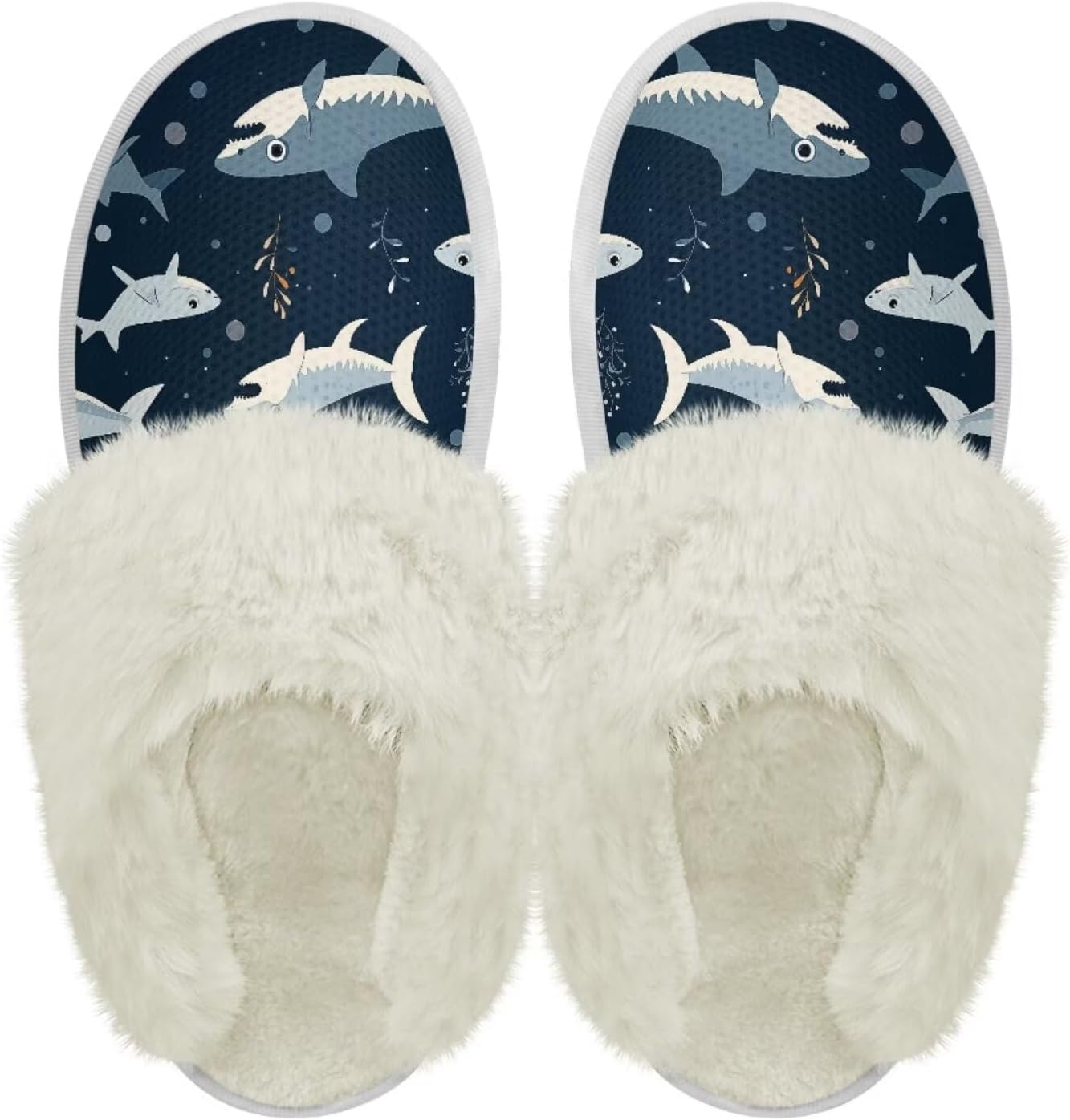 

Тапочки chaqlin Fuzzy Plush с меховой подкладкой, сабо для спальни и дома, унисекс, водонепроницаемые, с толстой подошвой, противоскользящие, удобные фланелевые зимние теплые тапочки для дома и улицы, Cartoon Sea Shark Print