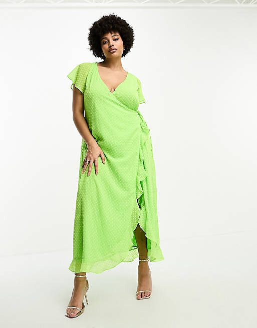 Ярко-лаймовое добби с запахом и оборками ASOS DESIGN Curve