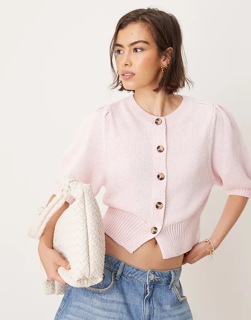 

Кардиган ASOS DESIGN с круглым вырезом и рукавами-буфами розового цвета