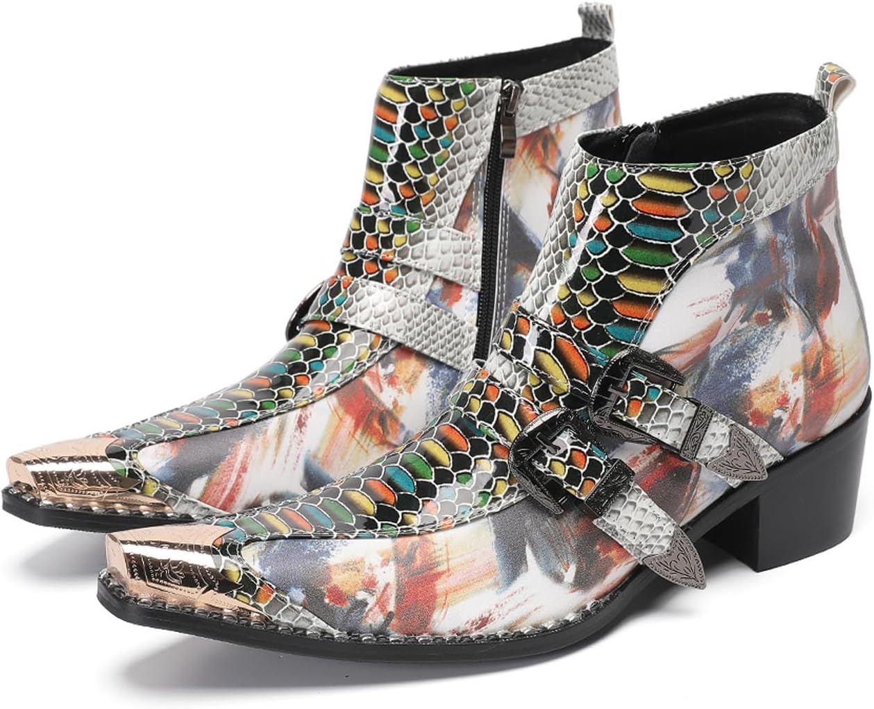 

Мужские кожаные классические ботинки Santimon - западный стиль, металлический носок, двухпряжечные, с молнией сбоку, ковбойские ботинки на кубинском каблуке для вечеринок, свадьб, выпускных и ночных клубов, серый