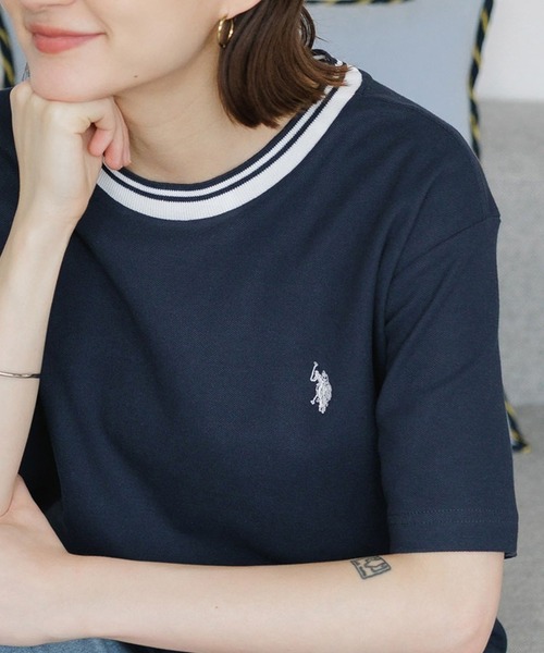 

U.S. POLO ASSN. Футболка с круглым вырезом и отделкой из ткани пике, US POLO ASSN., темно-синий