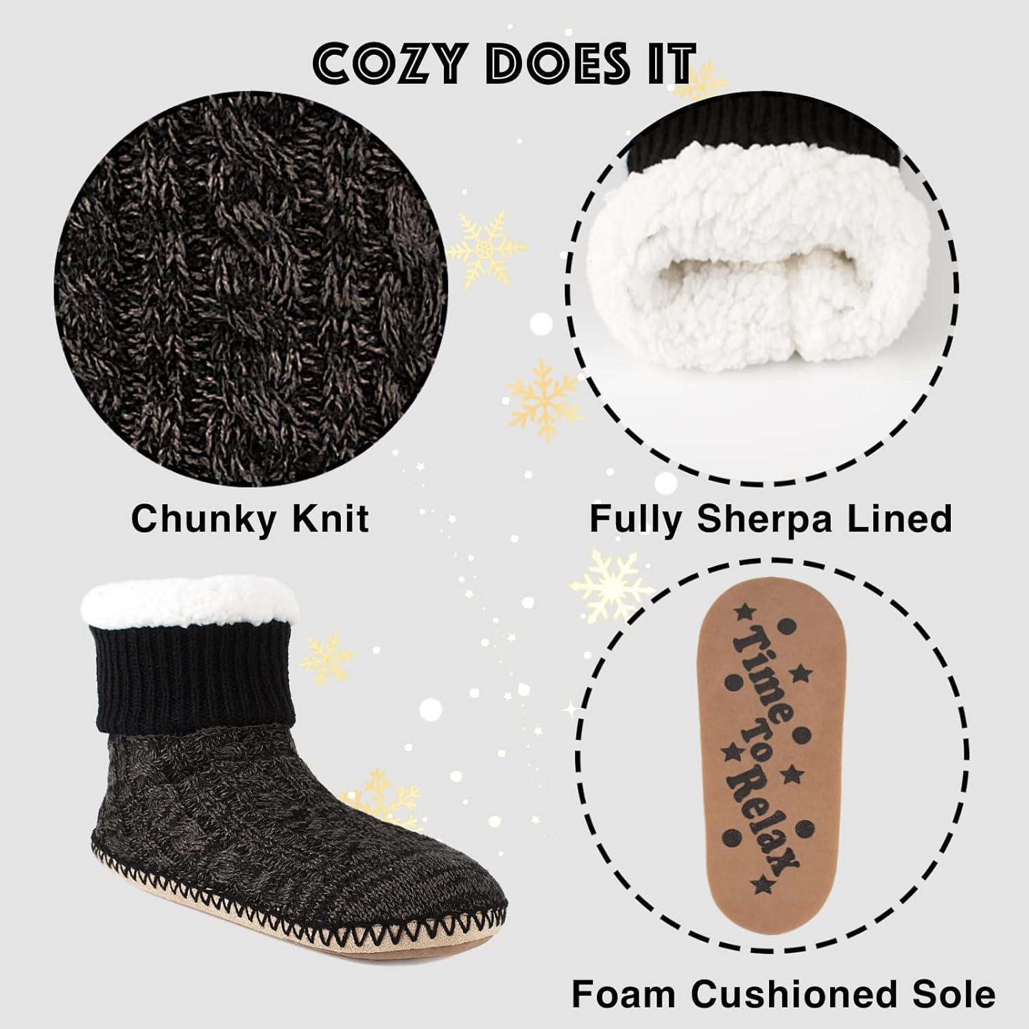 Мужские домашние носки-тапочки Cozylook с флисовой подкладкой, нескользящей подошвой, зимние мягкие толстые теплые тапочки для дома, черный — фото 4