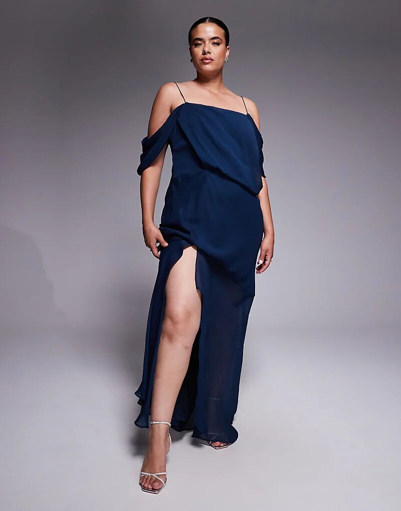 

Длинное платье из шифона ASOS DESIGN Curve с драпировкой спереди, темно-синего цвета