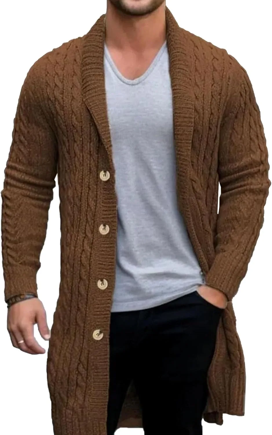 

Мужской кардиган с воротником шаль на пуговицах, длинный, с длинными рукавами, крупной вязки JEShifangjiusu