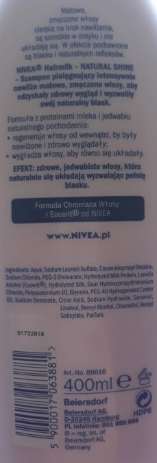 Nivea, Hairmilk Natural Shine мягкий шампунь, придающий волосам блеск 400мл — фото 3