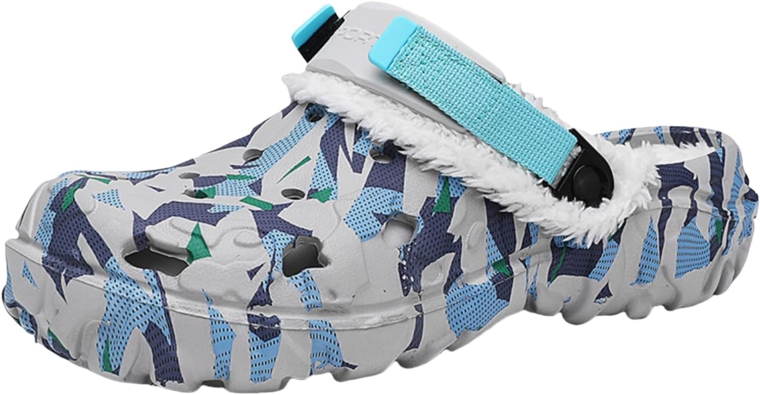 

Женские и мужские сабо с подкладкой - тапочки на искусственном меху, зимние, пушистые, без шнурков, для дома и улицы, теплые, с противоскользящей подошвой и регулируемым задним ремешком Eliogn, синий