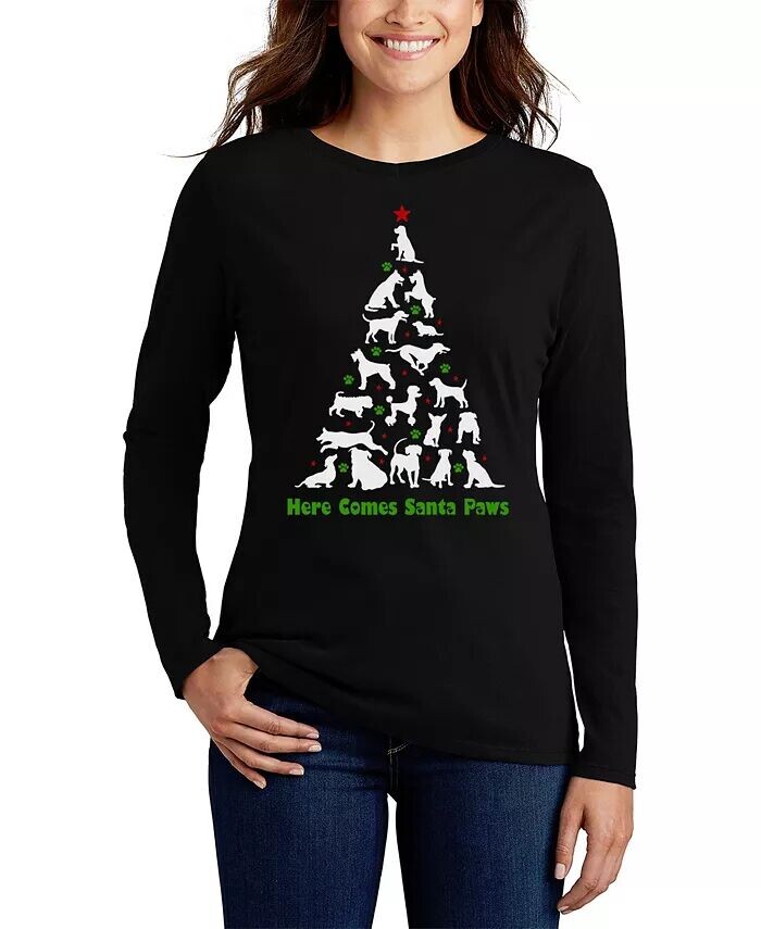 

Женская футболка с длинным рукавом Here Comes Santa Paws Art LA Pop Art, черный