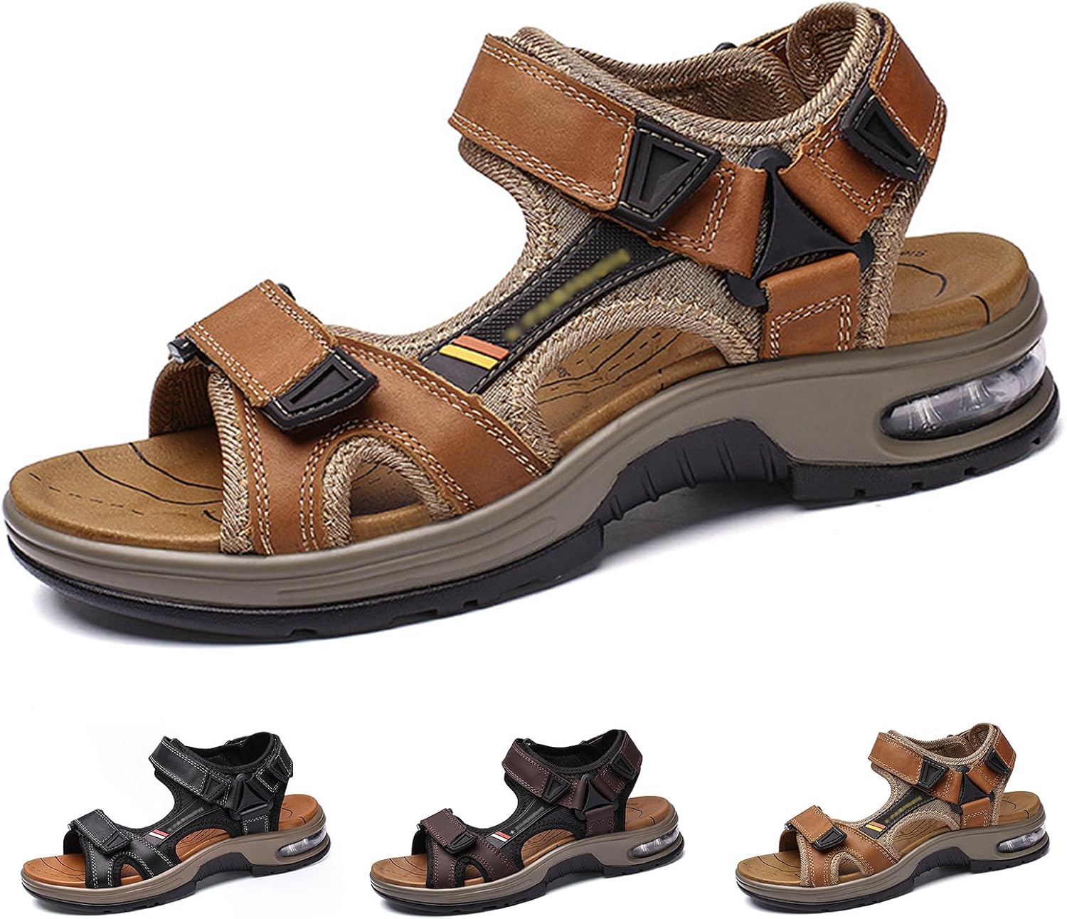 

Мужские спортивные кожаные сандалии с открытым носком, легкие нескользящие прогулочные туфли, регулируемые водные туфли с воздушной подушкой для пляжа и походов на открытом воздухе Generic, светло-коричневый