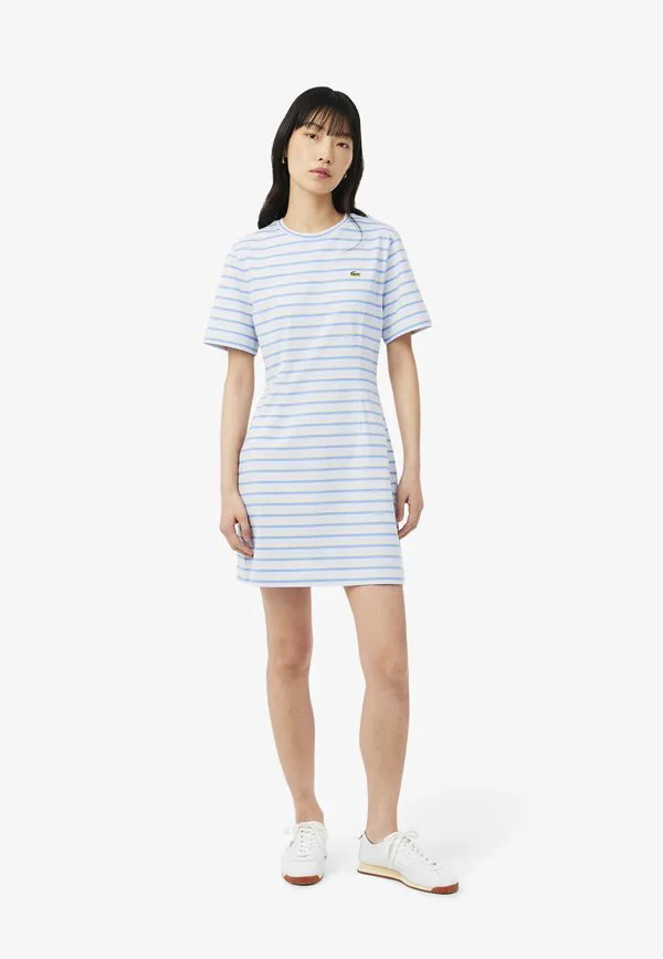 Платье трикотажное Lacoste Bleu Clair Bleu Jaune-Bi, полосатое, короткое
