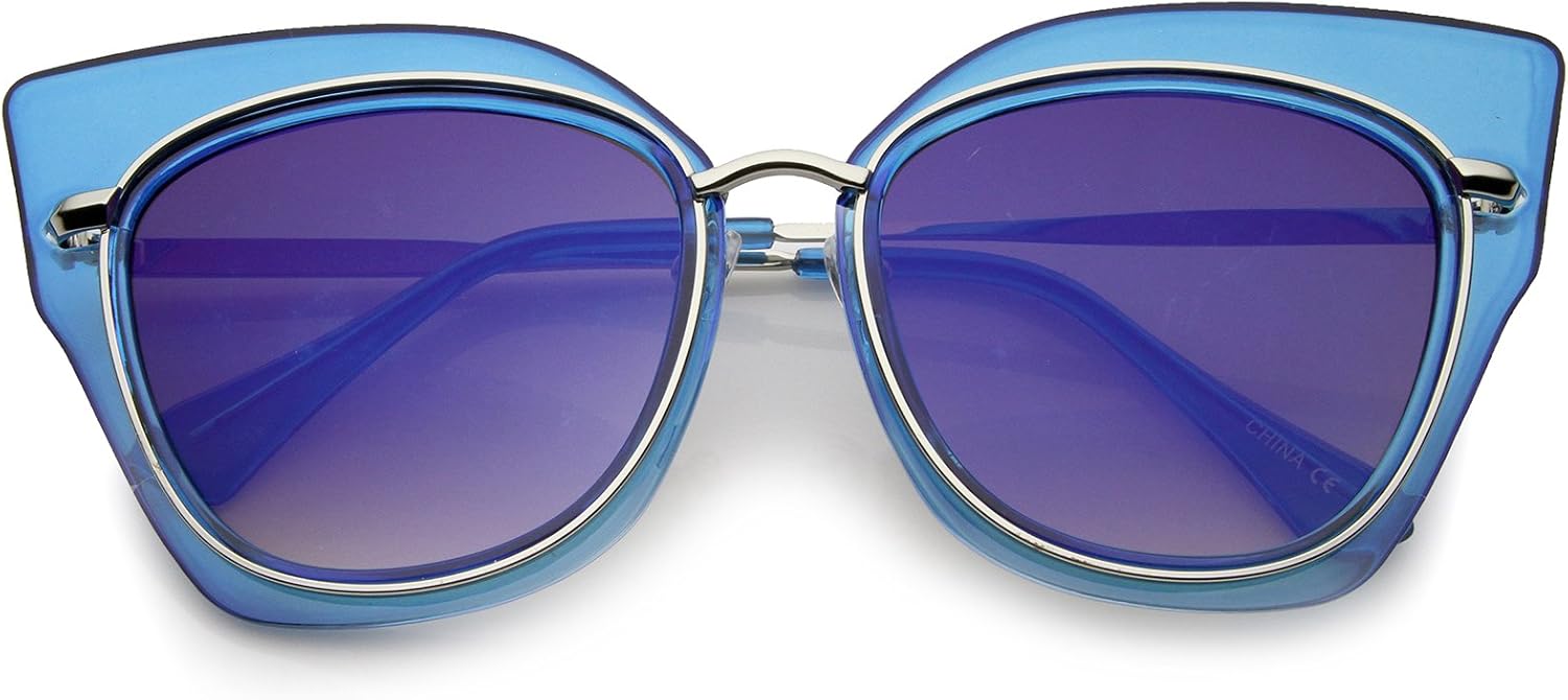 

Женские солнцезащитные очки zeroUV Oversize с открытыми металлическими линзами, цветными зеркальными линзами и плоским дизайном «кошачий глаз», диаметр линз 57 мм, Blue-silver / Purple Mirror