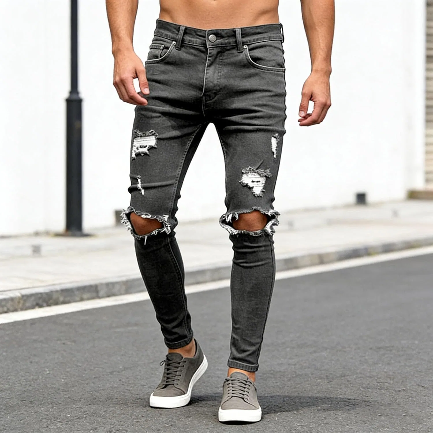 Джинсы Slim Fit рваные, серый — фото 3