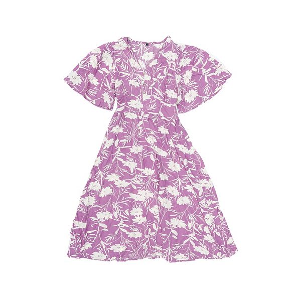 

Летнее платье миди с цветочным принтом и рукавами-фонариками Inspire Chic, Purple